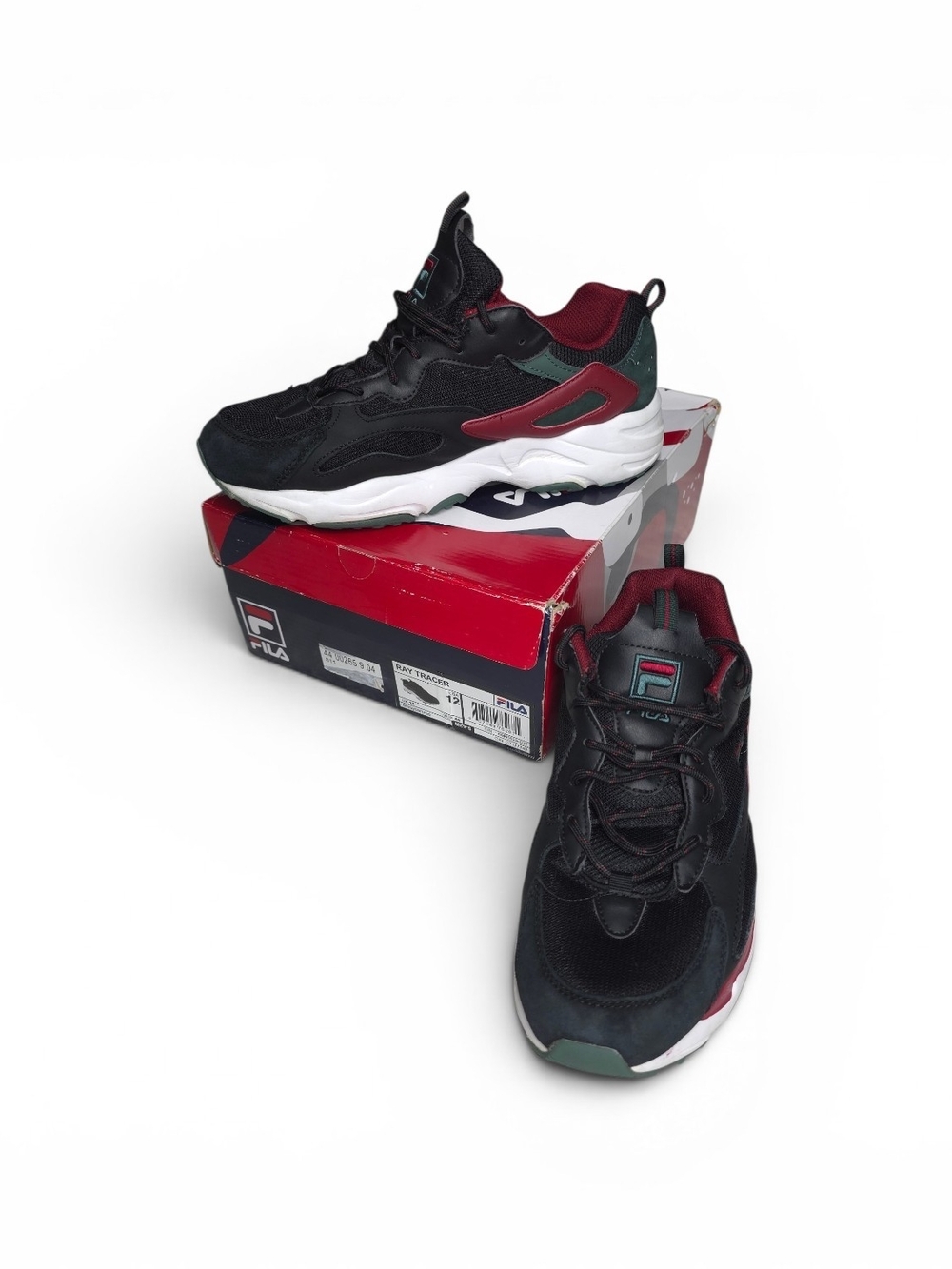 Fila Ray Tracer Black Burgundy Green Chunky Lace-Up Sneakers